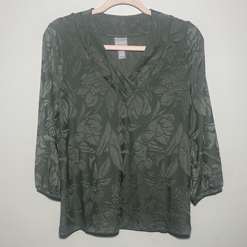 Chicos Floral‎ Olive Green Top | 0 NWT